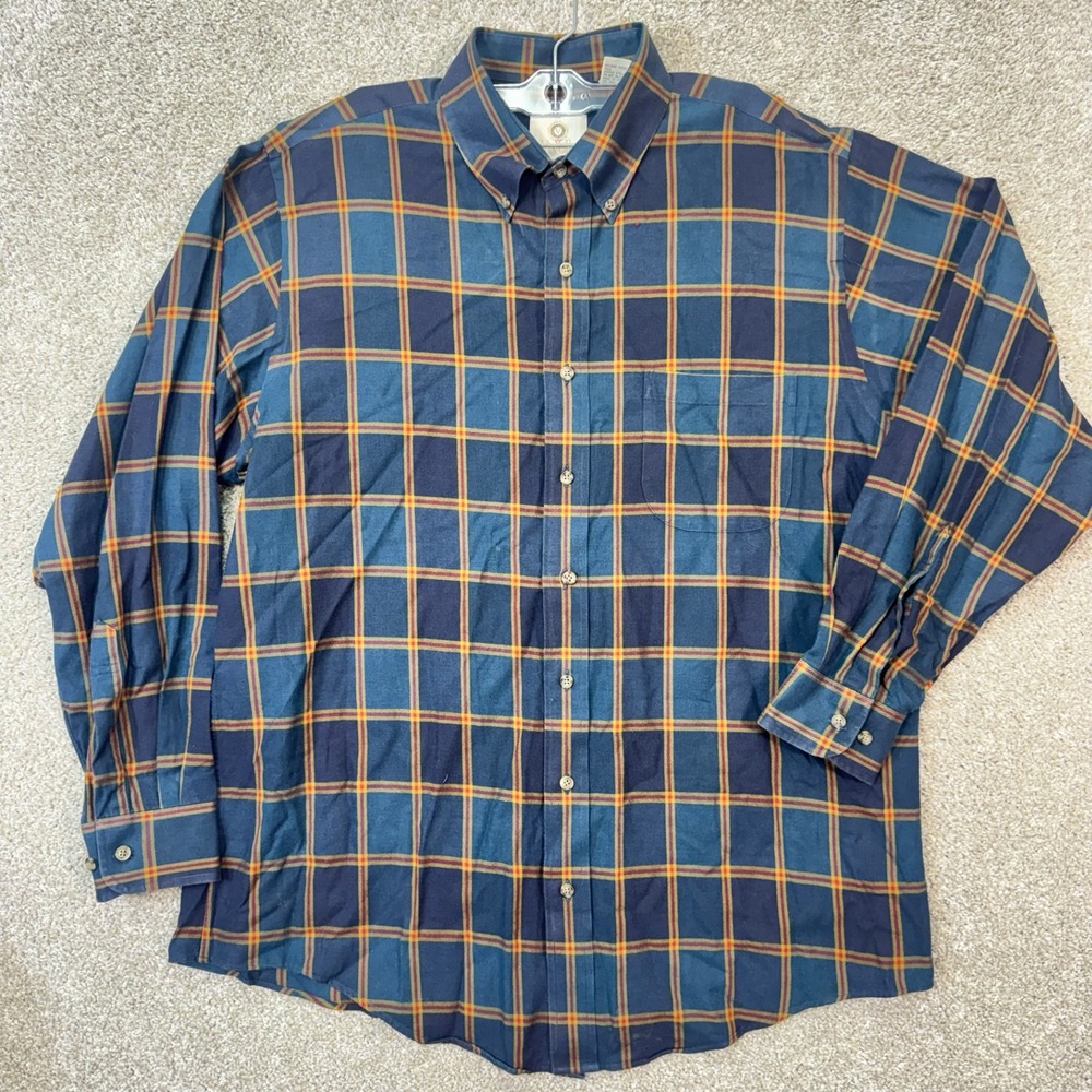 Viyella Shirt Mens Large Wool Blend Plaid Navy Blue Button Down EUC